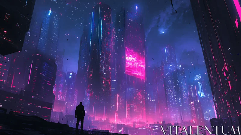 Neon skyscrapers engulf lone figure in cyberpunk nightscape.