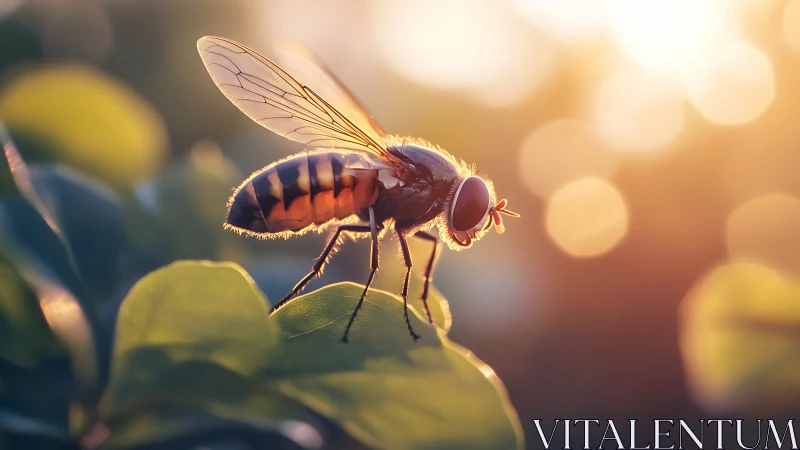 Hoverfly on sunlit leaf with glowing summer bokeh backdrop.