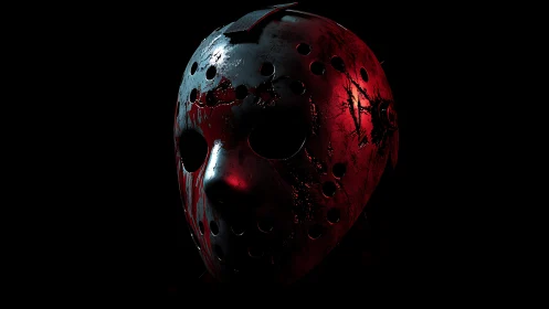 Weathered hockey mask in ominous red rim lighting closeup.