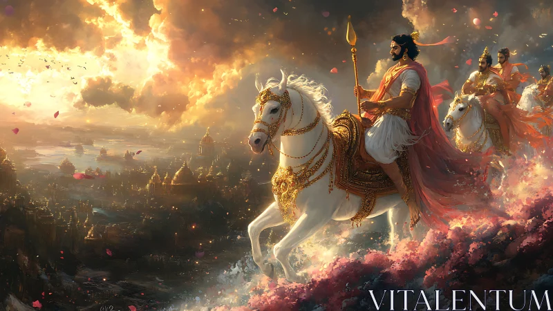 Mounted figures traverse illuminated sky above dense cityscape