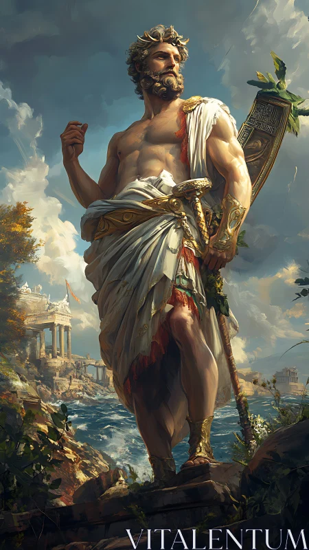 Mythic coastal deity in neoclassical digital painting panorama.