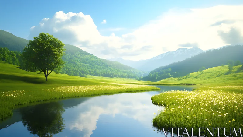 Sunlit meadow river whispering beneath distant silver peaks.