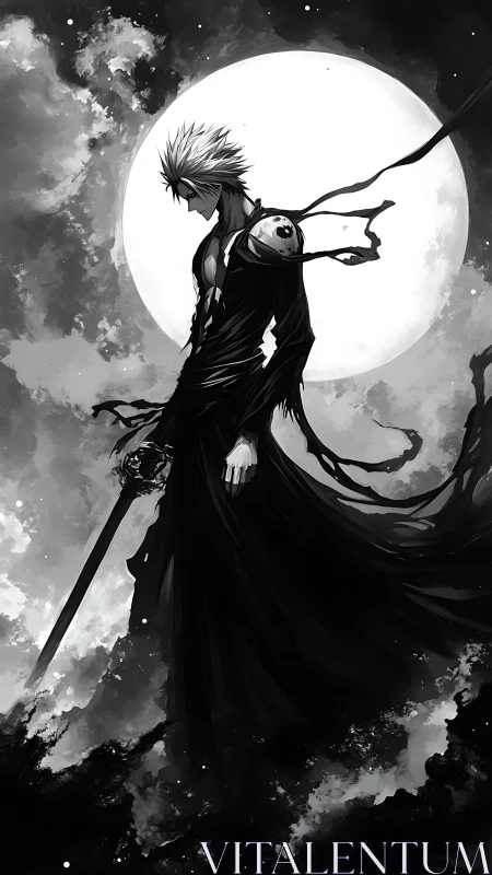 Sword-bearing figure in monochrome against full moon backdrop.