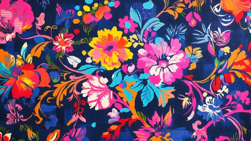 Vibrant neon floral pattern on deep indigo textile ground.