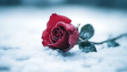 Frost-Encrusted Crimson Rose Against Winter Landscape.