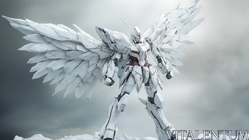 Digital mecha angel with articulated white armor wings.