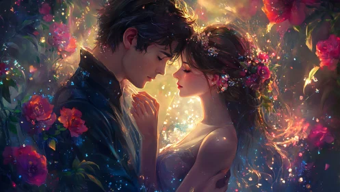 Luminous Romance: Glowing Figures Among Magical Blooms.