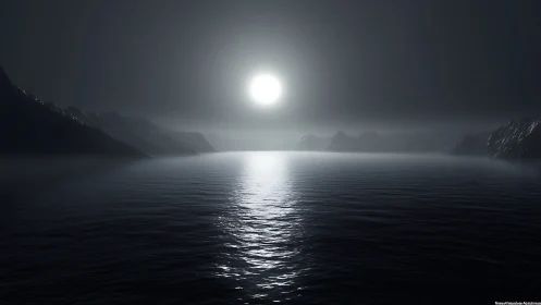 Monochrome seascape shows central light source above calm water