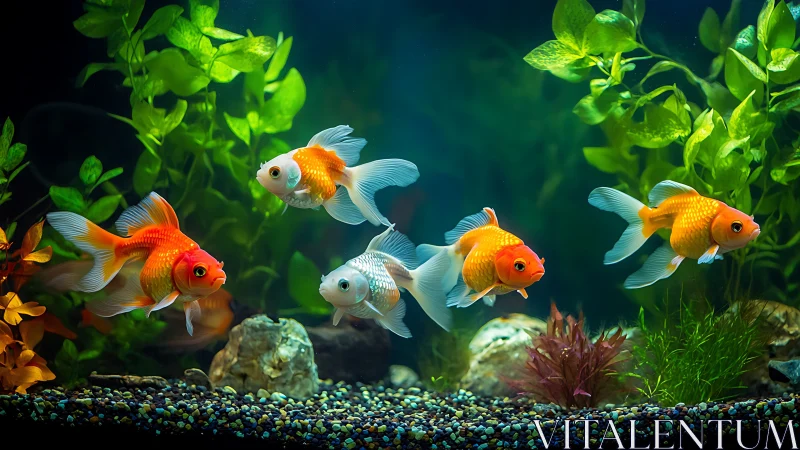 Gliding goldfish ballet in a lush, jewel-toned aquarium realm.