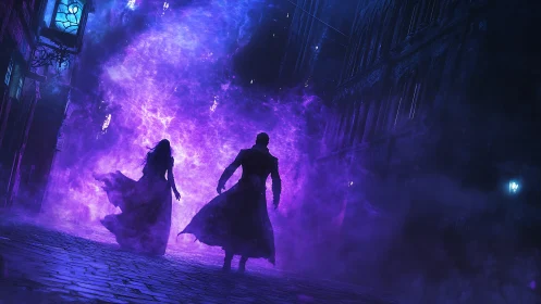 Midnight sorcerers stride through a neon violet rifted alley.