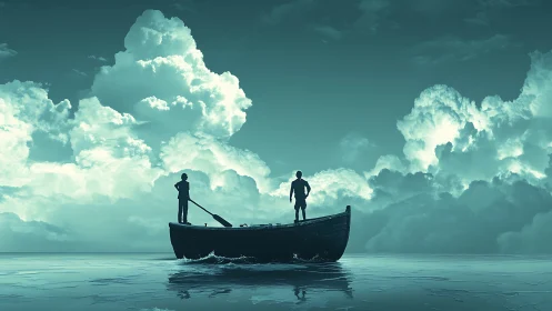 Silhouetted figures in rowboat confront monumental teal clouds