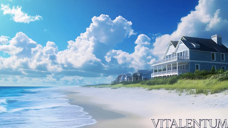 Sunny coastal cottage row beside a calm blue shoreline.