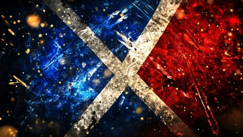 Diagonal white cross divides textured blue and red fields