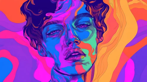 Digital portrait depicts stylized face in layered neon colors