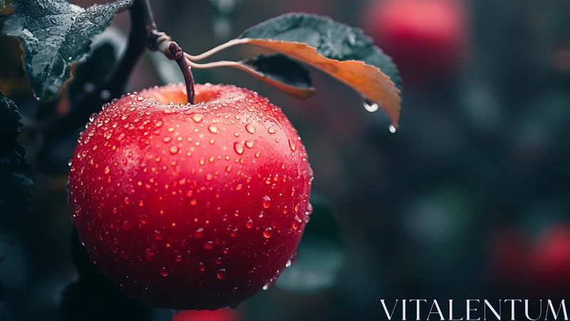 Red apple with water droplets hanging on tree branch outdoors.