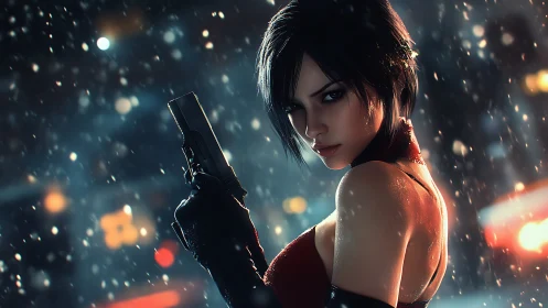 Woman with handgun in wet urban night scene under snowfall.