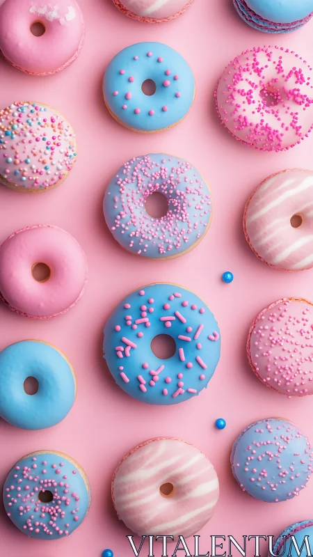 Top-down array of pastel frosted donuts on pink backdrop