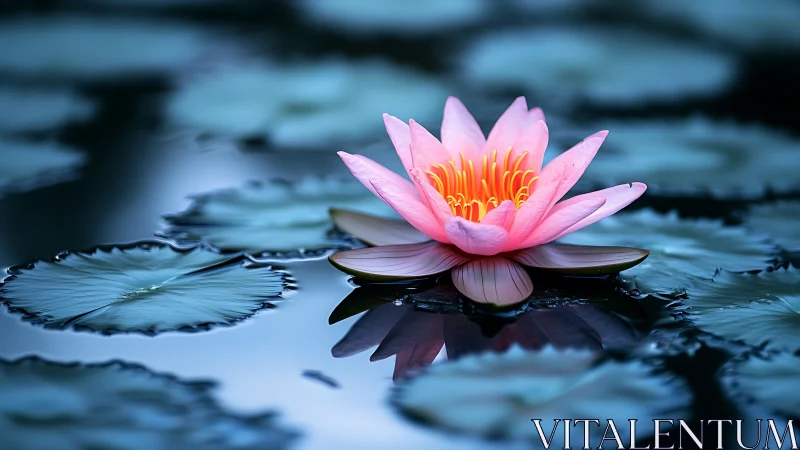 Luminous pink waterlily floating over cool blue pond.