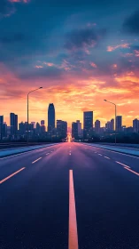 Empty highway leads toward neon city at vivid sunset sky.
