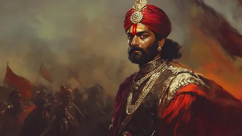 Historic warrior leader in red turban before battle scene.