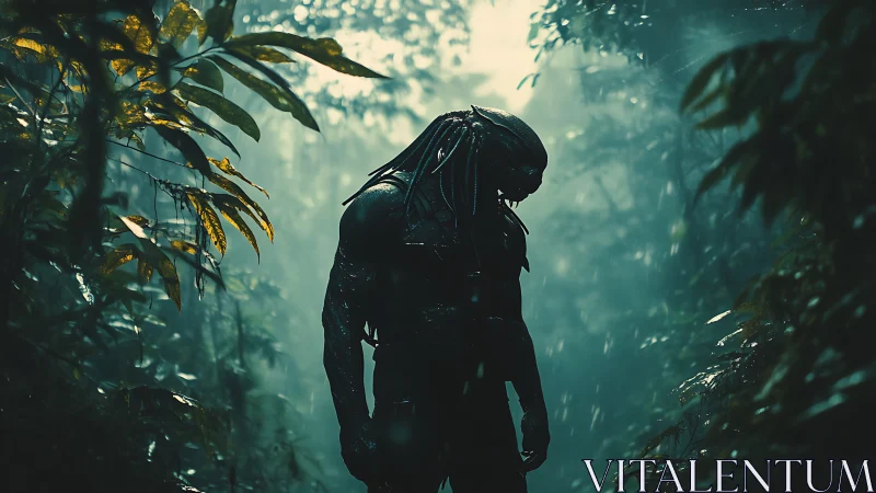 Silhouetted alien figure standing in dense misty jungle.