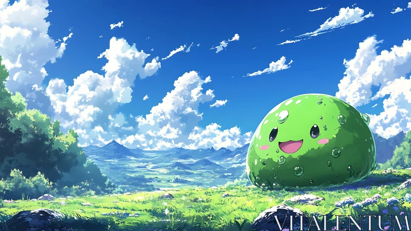 Gleeful meadow slime grins beneath a sky of tumbling clouds