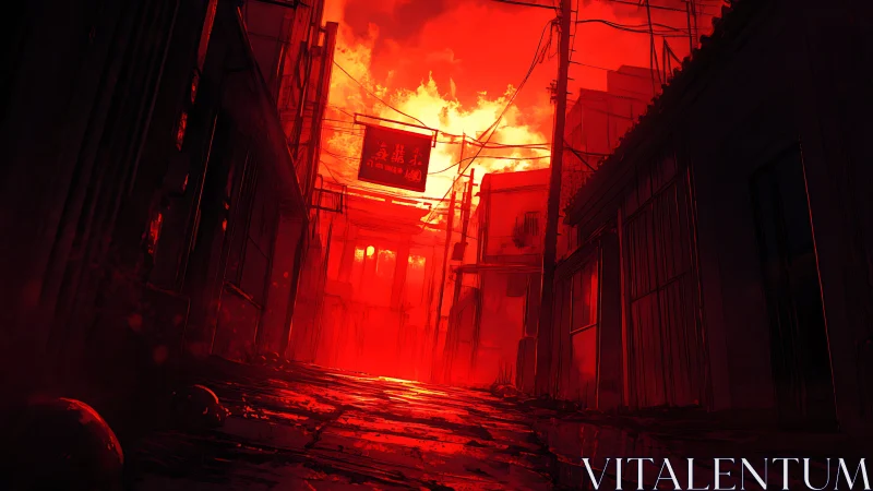 Infernal alleyway under burning neon dusk skyscape.