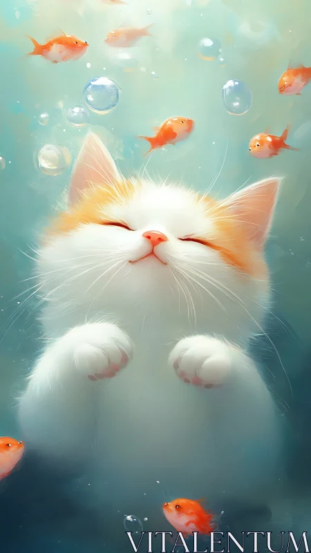 Fluffy white kitten underwater with orange fish and air bubbles