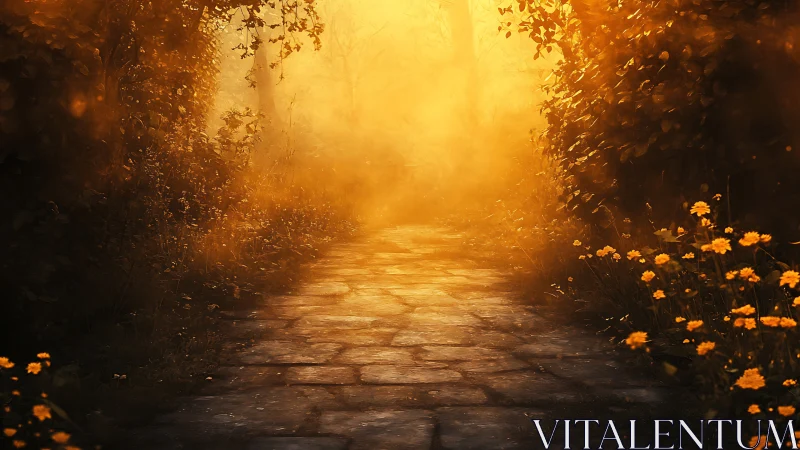 Sunlit forest path shows warm golden haze and stone paving