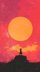 Bold young wanderer gazes up at a gigantic glowing sun