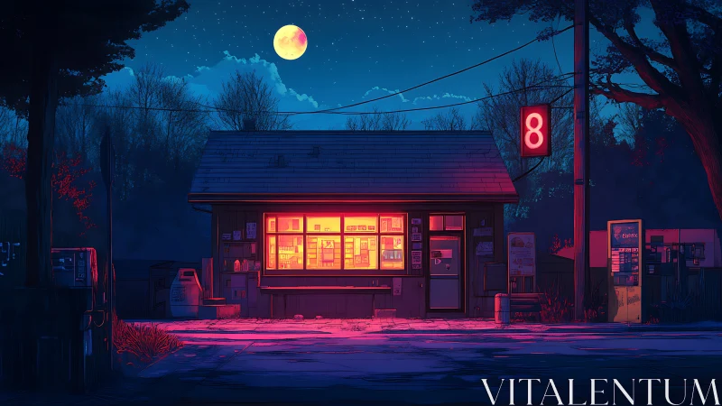 Small roadside shop under full moon at night with neon sign.