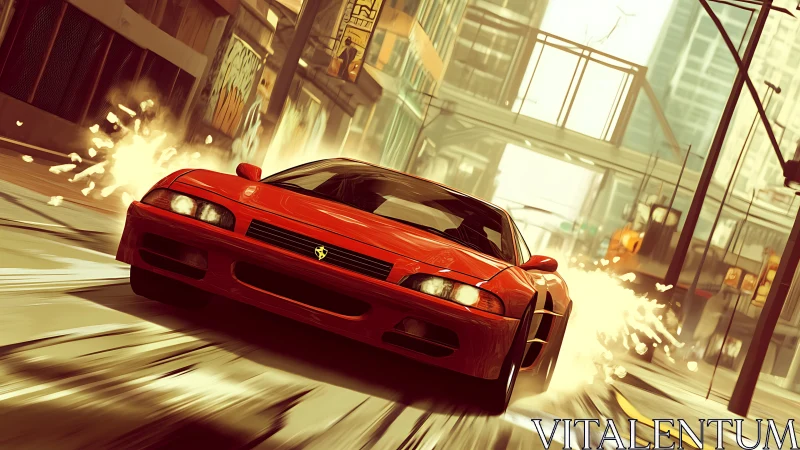 Red sports car drifts through wet city street at high speed