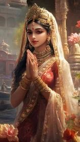 Golden temple maiden in scarlet silk blessing the riverbank.