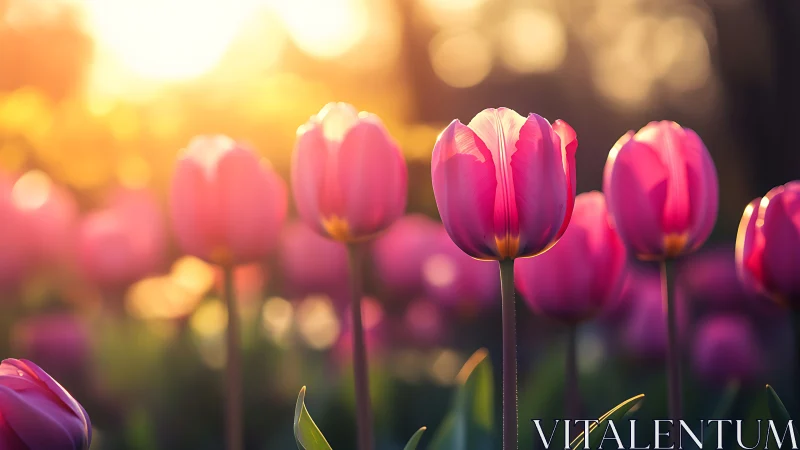 Glowing Pink Tulips Bask in Golden Sunlight