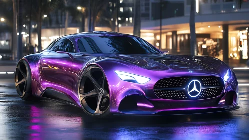 Mercedes coupe concept stands on wet urban street at night