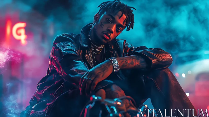 Man in leather jacket posed in neon lit urban environment