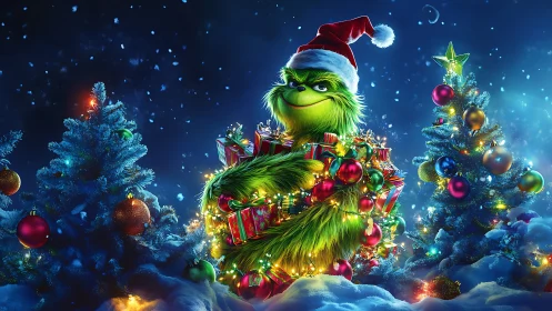 Vibrant 3D holiday character framed by luminous gift cluster.