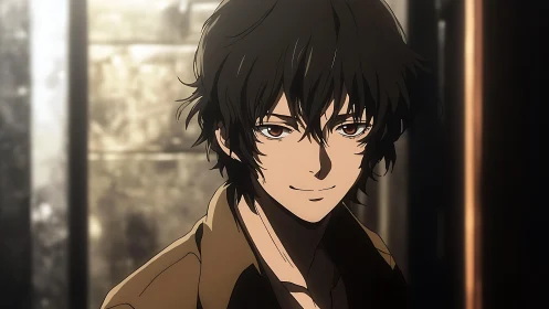 Analytical close-up of tousled-haired anime youth portrait.