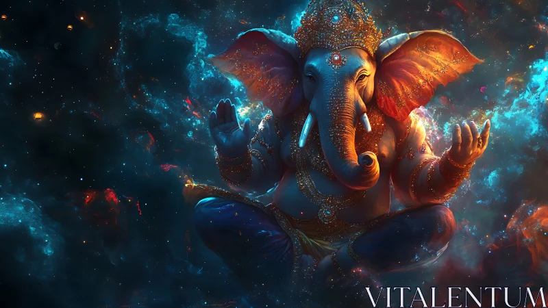 Cosmic elephantiform deity in chromatic nebular suspension.