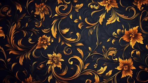Golden floral baroque pattern over deep charcoal ground.