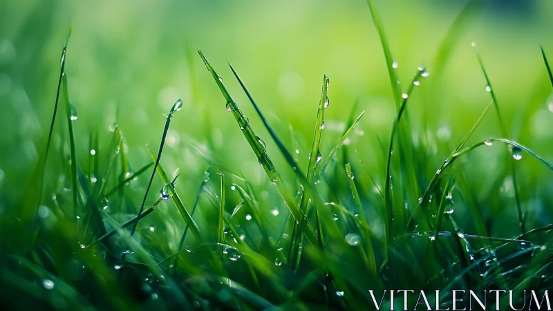 Morning dew dancing softly on fresh green grass blades.