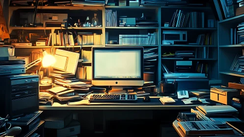 Lamp-lit digital den glows amid chaotic paper archives.
