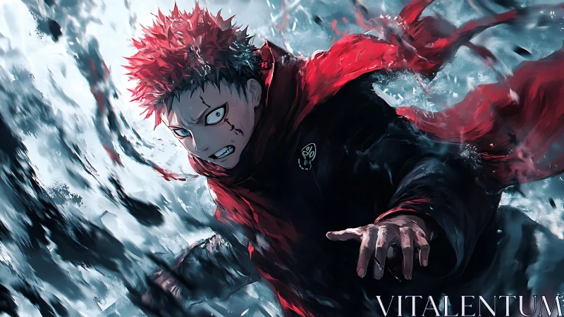 Red haired figure in turbulent water with extended hand.