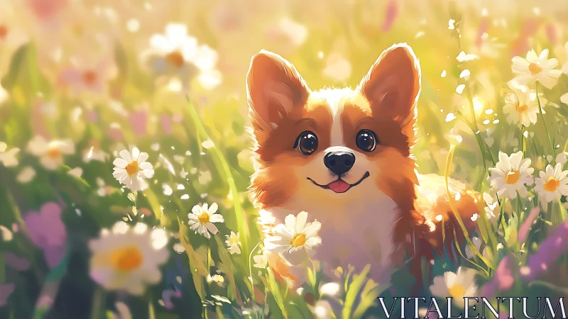 Corgi with bright eyes resting in soft flower meadow.