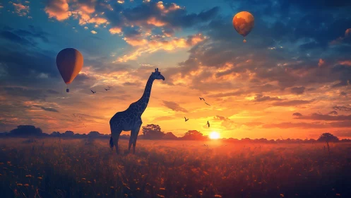Giraffe watches sunrise beneath glowing hot air balloons.