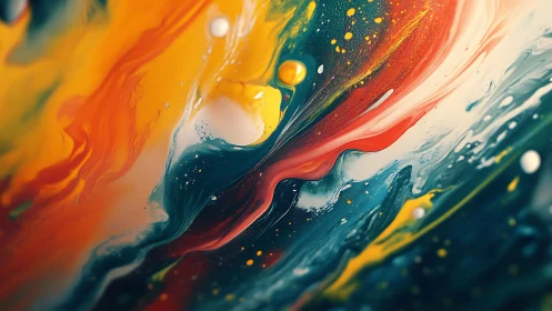 Fluid macro abstraction with swirling teal, orange and gold flows.