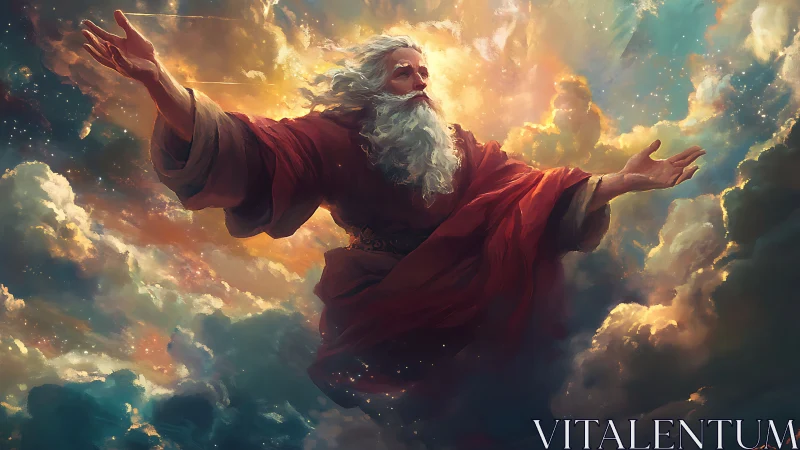 Storm-bright elder sweeps open the heavens with swirling light