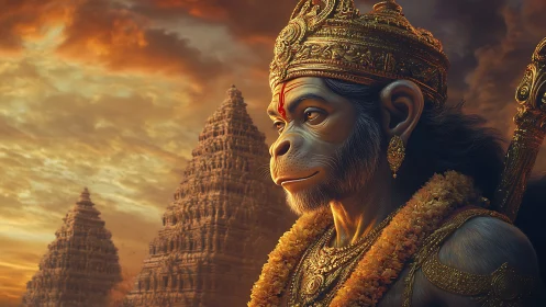Divine monkey warrior gazes over temples at burning dusk