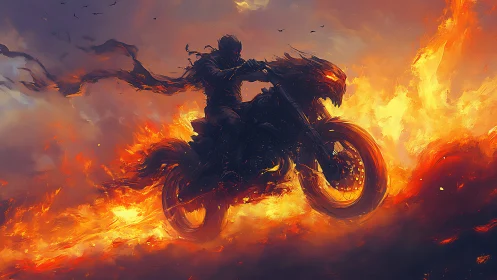 Midnight rider leaping through waves of molten wildfire.