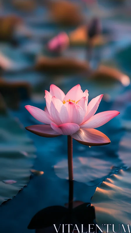 Serene pink lotus glowing over teal reflective water.
